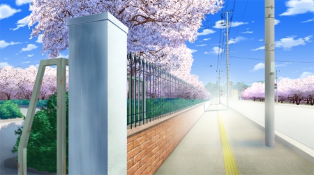 SideWalk - anime, scenery, blossom, landscape, scene, plant, hd, sky, gate, realistic, sakura, cherry blossom, beautiful, beauty, sakura blossom, fence, flower, tree, cg, cloud, 3d, floral