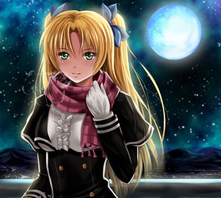 Full Moon - pretty, anime, female, maiden, blonde, blond hair, night, green eyes, light, long hair, blond, ribbon, sparks, nice, moon, anime girl, beautiful, hot, girl, blonde hair, beauty, lovely, sweet, glow, scarf, lady, cute, sexy