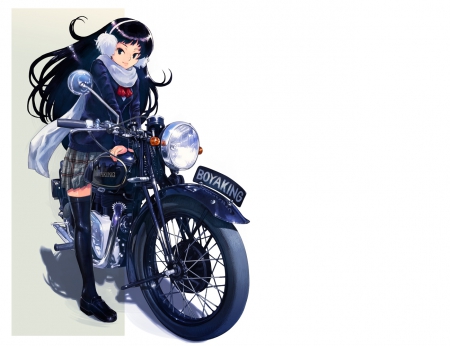 MotorBike - anime, female, long hair, bike, headphones, plain, motor, hd, wheel, motorbike, motorcycle, anime girl, hot, girl, simple, scarf, black hair, cute, sexy