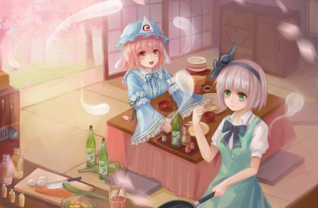 Tea Time - pretty, saigyouji yuyuko, anime, kawaii, female, dress, short hair, touhou, ribbon, nice, konpaku youmu, anime girl, bottle, hot, girl, lovely, sweet, cute, adorable, sexy