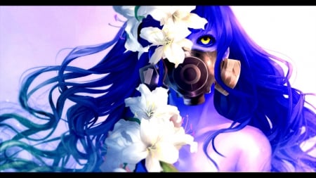 Beautiful Girl - beauty, mask, girl, long hair, black, white, prtty, pretty, blue, beautiful, anime, flowers