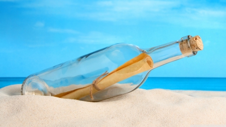 Message in the bottle - summer, wallpaper, landscape, beach, abstract, ocean, bottle, hd, sand, sky, ohotography, coast, scene, sea, nature, message