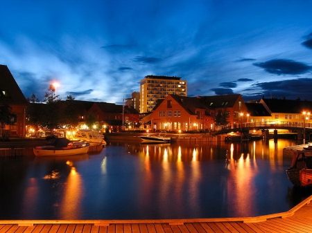 Kristiansand by night - romantic, amazing, evening, harbor, night, reflection, port, nice, sky, water, beautiful, lovely, dock, pier, boats, lights, dusk