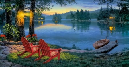 Twilight calm - pretty, quiet, relax, cabin, boat, chairs, reflection, calmness, twilight, lake, nice, art, cottage, sky, house, water, beautiful, pond, lovely, dock, rest, pier, nature, serenity, silent