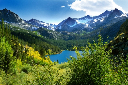 Mountain and lake - nice, slope, sky, trees, greenery, amazing, view, clouds, snowy, cliffs, lake, landscape, mountain, hills, summer, peaks, lovely, nature, blue, beautiful