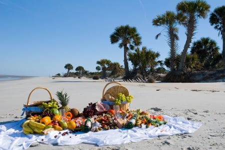 Picnic on the Beach - beach, paradise, polynesia, dining, dine, breakfast, atoll, food, sand, ocean, lunch, islands, picnic, tropical, exotic, eat, island, south pacific, sea