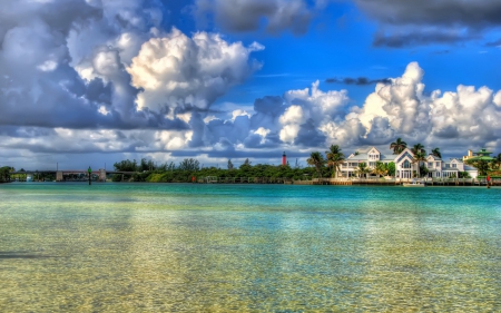 fantastic clear harbor under beautiful sky - lighthouse, clouds, harbor, clear, bridge