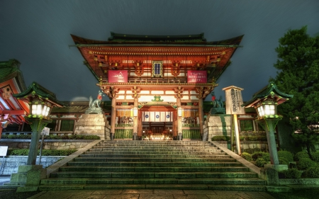 lovely oriental temple - night, steps, pagoda, temple, signs, lights