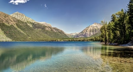 Lake McDonald, Glacier National Park - water, mountains, trees, reflection