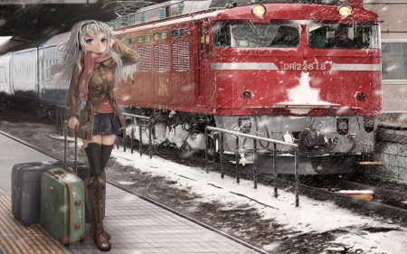 winter - winter, anime, girl, wagon