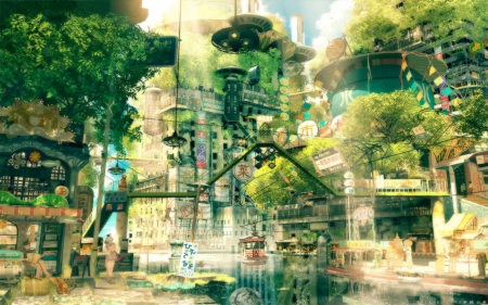 City - anime, city, green, cool