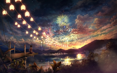 fireworks - anime, lights, city, night, fireworks