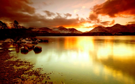 GOLDEN DAWN - morning, calm, mountains, lake