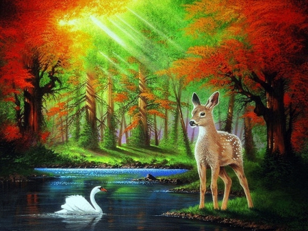 ..First Relationship in Forest.. - pretty, attractions in dreams, swan, creative pre-made, drawings, stunning, forests, swim, rays light, trees, beautiful, paintings, sunshine, sunbeam, colors, lovely, colorful, nature, deer, places, lakes, love four seasons, animals