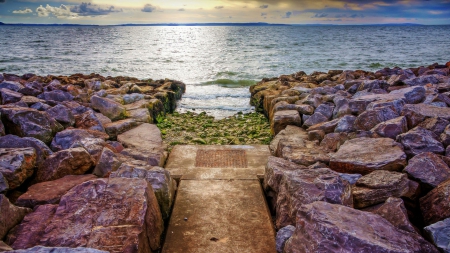 cement path in a rocky shore - shore, bay, rocks, wharf