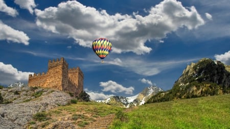 hot air balloon over ancient castle - hill, castle, clouds, steps, balloon