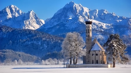 Church in winter - mountains, winter, photo, tree, church, mountagne, snow