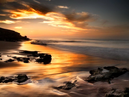 Wet gold - sky, rocks, gold, sunset, ocean