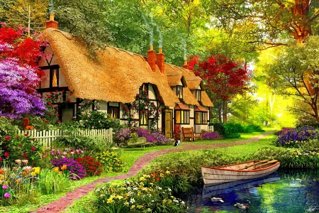 Woodland walk - summer, boat, cottage, grass, river, flowers, serenity, shore, home, lovely, woods, painting, calm, blooming, blossoms, forest, walk, beautiful, quiet, countryside, fresh, nature, colorful, path, pretty, spring, waters, art, silenr, lake, nice, house, trees, woodland