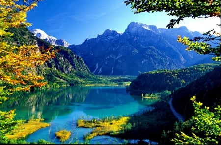 Lake Almsee - calm, quiet, hills, summer, blue, landscape, reflection, crystal, mountain, shore, view, cliffs, waters, lake, sky, branches, trees, mirrored, slope, peaks, lakeshore, nature, clear, serenity, Almsee, silent