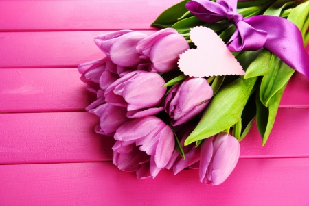 Flowers with love - nice, gift, heart, delicate, colorful, tulips, bouquet, purple, pretty, love, passion, lovely, wall, pink, beautiful, harminy, flowers