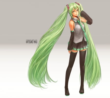 Hatsune Miku - realistic, female, hot, twintail, simple, anime girl, anime, miku, twin tail, cute, hatsune miku, sexy, girl, twintails, long hair, cg, hatsune, vocaloids, hd, twin tails, 3d, vocaloid, plain, green hair