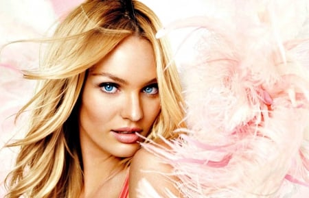 Candice Swanepoel - girl, blonde, feather, beauty, angel, pink, woman, model, wings, Candice Swanepoel, blue eyes