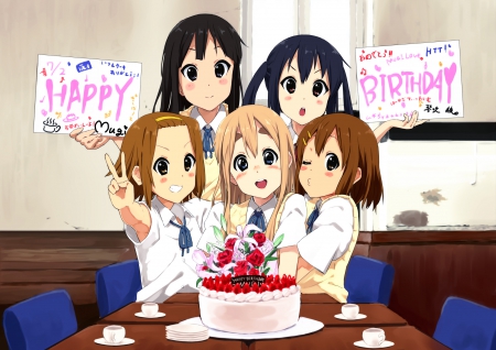 Happy Birthday - pretty, anime, happy birthday, kawaii, female, team, long hair, yui, happy, k-on, short hair, group, mugi, nice, cake, anime girl, kon, girl, band, lovely, sweet, birthday, excited, ritsu, k on, azusa, smile, cute, adorable, mio