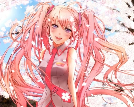 Sakura Miku - pretty, anime, vocaloid, twin tail, female, twintail, hatsune miku, long hair, happy, sakura miku, nice, pink hair, twin tails, anime girl, sakura, cherry blossom, twintails, beautiful, hot, girl, beauty, lovely, sakura blossom, flower, petals, smile, miku, cute, hatsune, floral, sexy, vocaloids