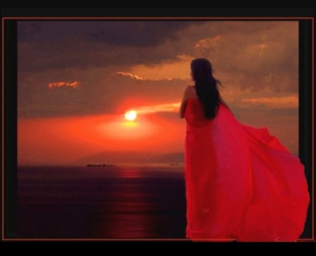 Red Sunset - nature, red drees, red sunset, girl, sea