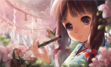 The Flute - pretty, anime, kawaii, female, closeup, long hair, flute, nice, brown eyes, anime girl, girl, lovely, brown hair, sweet, flower, close, butterfly, cute, adorable, floral, close up