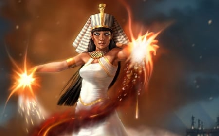 Cleopatra - sorceress, game, queen, girl, flame, orange, witch, egypt, dust, cleopatra, fantasy, white, fire, red, woman, brunette