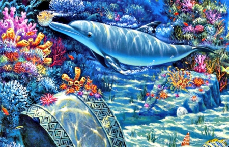 Dolphin - water, blue, dolphin, sea, ocean, pink, orange, sand, fantasy, coral, underwater, cute, fish, art