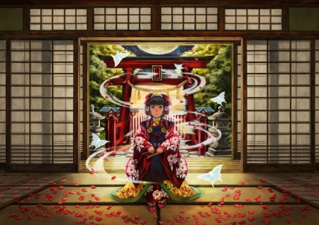 Shrine Maiden - nice, female, girl, anime girl, lovely, butterfly, pretty, petals, shrine, anime, yukata, oriental, sweet, kimono, short hair