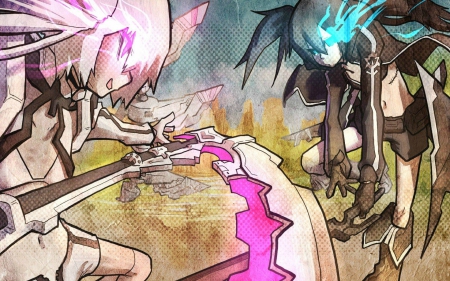 Huke vs White - fight, girls, black rock shooter, anime