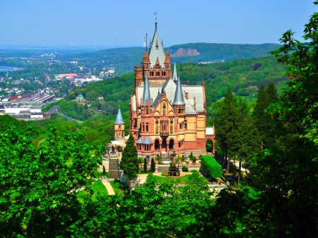 Drachenburg castle - trees, drachenburg, castle, place, architecrue