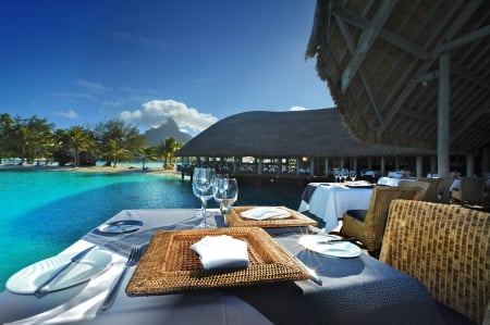 Paradise Dining HD - beach, paradise, wine, table for two, polynesia, bora bora, dining, dine, breakfast, atoll, lagoon, food, ocean, lunch, islands, tropical, exotic, eat, blue, island, sea, tahiti