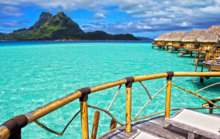 Bora Bora - Step into Paradise - villas, lagoon, blue, beach, island, sand, tahiti, view, exotic, paradise, bungalows, water, sea, ocean, vista, islands, tropical, bora bora