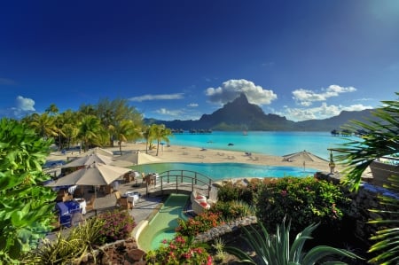 View of Bora Bora Island - lagoon, blue, beach, island, sand, tahiti, holiday, view, exotic, paradise, sea, resort, ocean, vista, islands, tropical, bora bora