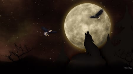 Shadow of the Moon - trees, brown, totem, howling, dark, wolves, Native American, eagles, full moon