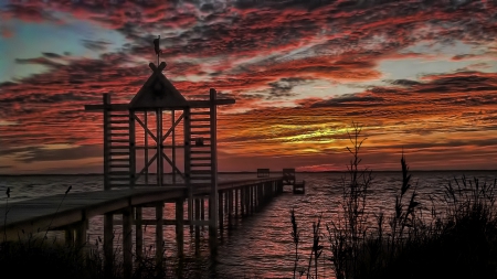 closed gates on pier at sunset - clouds, sunset, sea, pier, gates