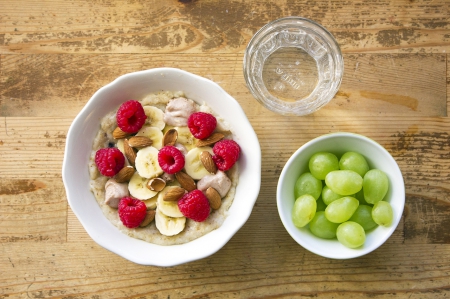 Breakfast - healthy food, breakfast, food, table, raspberries, bananas, grapes, cereals, fruit