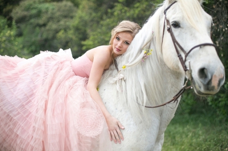 Beauty and Horse - woman, beauty, girl, photography, blond, bride, horse, beautiful, pink, pink dress