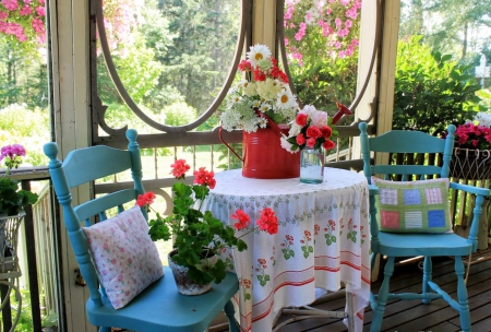 A Perfect Summer Day - veranda, porch, summer, lovely, table for two, chair, beautiful, table, afternoon, flowers, geranium, flower