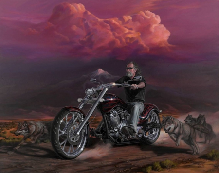 riding with wolves - bike, painting, snow, man, mountain, woles