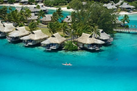 Moorea Blue Lagoon and Water Bungalows - beach, aqua, paradise, water, bungalows, polynesia, lagoon, turquoise, ocean, islands, tropical, teal, exotic, blue, villas, island, moorea, sea, tahiti