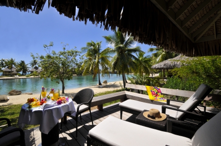 Balcony View and Beach Dining - relax, lagoon, blue, breakfast, pacific, food, island, polynesia, tahiti, villa, moorea, eat, holiday, view, exotic, paradise, balcony, luxury, sea, ocean, islands, tropical