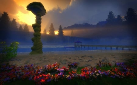 ..Magical Sunset.. - sky, trees, paradise, creative pre-made, rocks, digital art, clouds, 3d art, sunsets, waterscapes, sand, landscapes, sunlight, magical, plants, stunning, scenes, nature, flowers