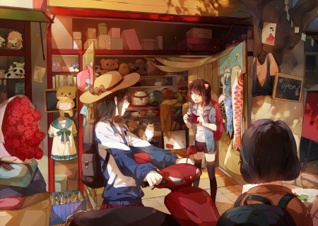 The Stall - flower, rose, cute, bouquet, hot, anime girl, girl, shop, bike, floral, pretty, short hair, shelf, sweet, brown hair, anime, scooter, stall, camera, roses, nice, cap, lovely, sexy, female