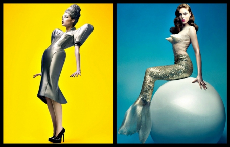 Coco Rocha - tail, model, stilettos, by cehenot, girl, white, fantasy, coco rocha, mermaid, hat, shoe, woman, ball, silver, collage, yellow, blue